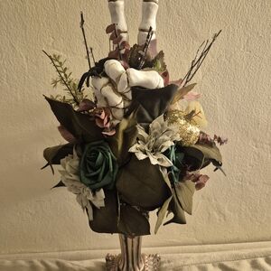 Elegant Spooky Floral Arrangement with Skeleton Hand Giving Peace Sign
